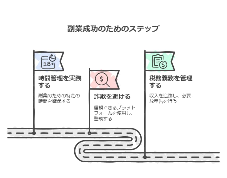 副業を成功させるためのポイント
副業は計画的に取り組めば、収入を増やすだけでなく、自分のスキルアップや将来の選択肢を広げることができます。

しかし、適切な管理をしなければ 「忙しくて続かない」「詐欺に遭う」「税金でトラブルになる」 などのリスクもあります。

ここでは、副業を成功