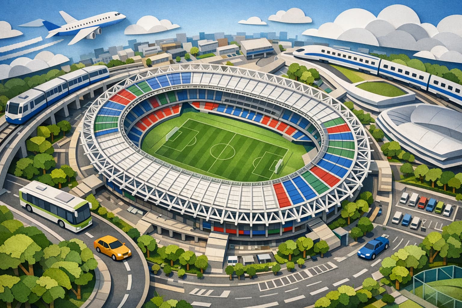 味の素スタジアム アクセスをイメージしたペーパーアート風俯瞰イラスト。電車・バス・車・飛行機のモチーフで主要駅からの行き方を表現