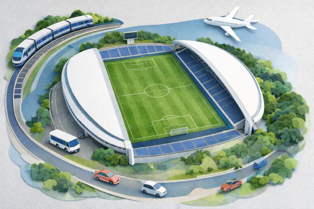 ベスト電器スタジアム アクセスのイメージ。紺色のサッカー専用スタジアムを中心に、電車・路線バス／シャトルバス・車・飛行機のモチーフで「主要駅からの行き方」「最寄りバス停からの徒歩導線」まで表現したペーパーアート