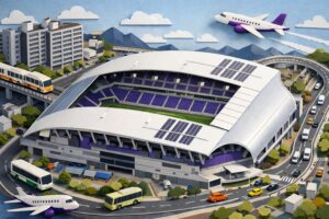 エディオンピースウイング広島のアクセスをイメージしたペーパーアート。スタジアムを中心に、電車・バス・車・飛行機のモチーフで「市街地から行きやすい」動線を表現。