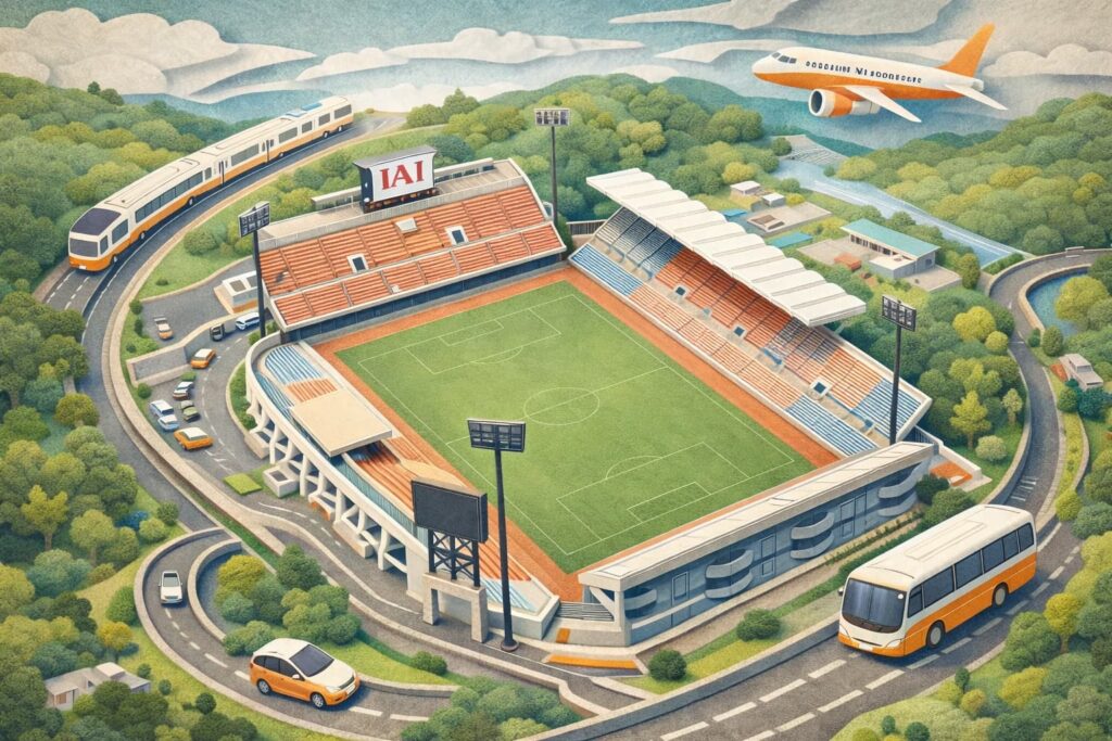 IAIスタジアム日本平のアクセスをイメージしたペーパーアート。電車・シャトルバス・路線バス・車・飛行機のモチーフで、清水駅起点の移動イメージを表現