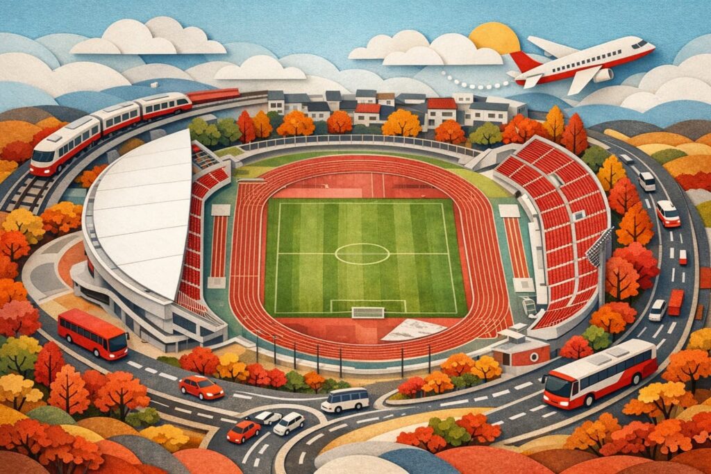 JFE晴れの国スタジアム アクセスのイメージ。電車・路線バス・シャトルバス・車・飛行機でスタジアムへ向かう動線を、ファジアーノレッド基調のペーパーアートで表現