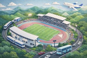 町田GIONスタジアムへのアクセスを紙の切り絵風に表現したイメージ（山に囲まれたスタジアムへ電車・バス・車・飛行機で向かう）