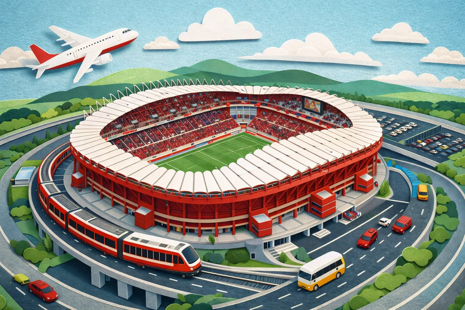 メルカリスタジアムのアクセスを表現したペーパーアート。電車・バス・車・飛行機でスタジアムへ向かうルートイメージ