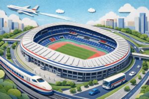 日産スタジアムのアクセス（電車・バス・車・飛行機）をモチーフで表現したペーパーアート風イメージ