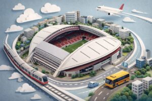 ノエビアスタジアム神戸へのアクセスをイメージしたペーパーアート。サッカー専用スタジアムの周囲に電車・路線バス・車・飛行機のモチーフを配置し、御崎公園周辺までの行き方を表現