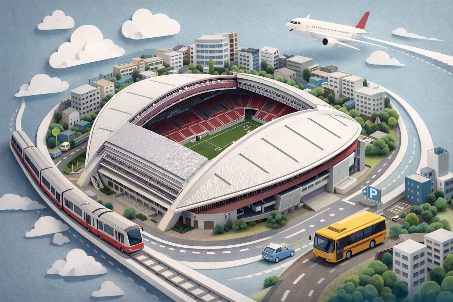 ノエビアスタジアム神戸へのアクセスをイメージしたペーパーアート。サッカー専用スタジアムの周囲に電車・路線バス・車・飛行機のモチーフを配置し、御崎公園周辺までの行き方を表現