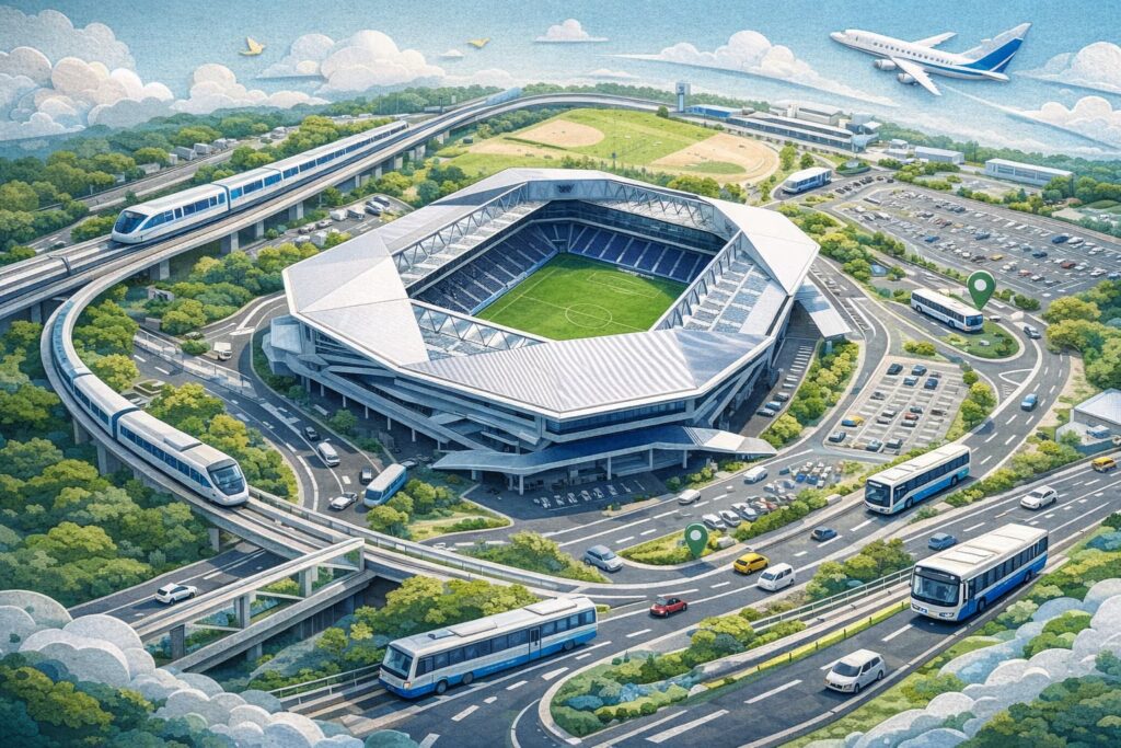 パナソニックスタジアム吹田のアクセスをイメージしたペーパーアート。大阪モノレール・電車・バス・車・飛行機のモチーフで主要駅や空港からスタジアムへ向かう導線を表現