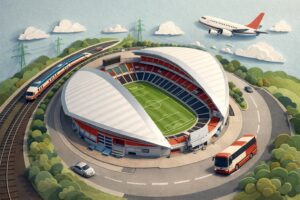 埼玉スタジアム2002へのアクセスをイメージしたペーパーアート。スタジアム周辺に電車・バス・車・飛行機のモチーフを配置し、アクセス手段を分かりやすく表現