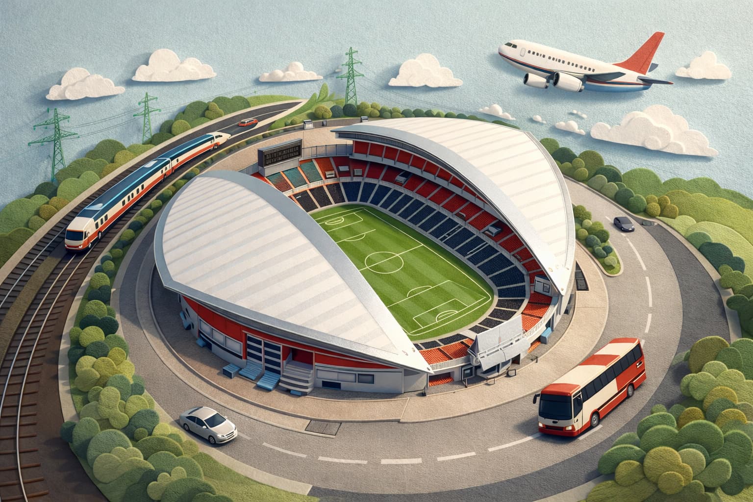 埼玉スタジアム2002へのアクセスをイメージしたペーパーアート。スタジアム周辺に電車・バス・車・飛行機のモチーフを配置し、アクセス手段を分かりやすく表現