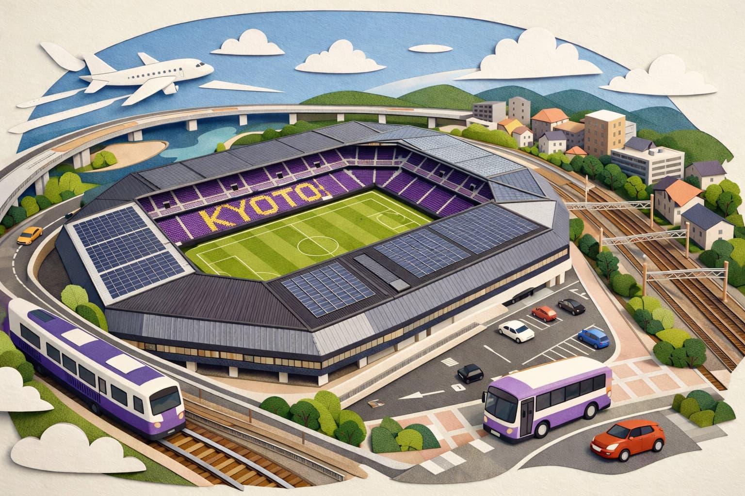 サンガスタジアム by KYOCERAのアクセスを紙アート風に表現したイメージ図。電車・路線バス・車・飛行機のモチーフがスタジアム周辺に配置され、最寄りのJR亀岡駅からの動線を連想できる。