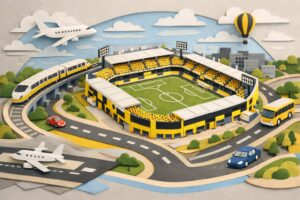 三協フロンテア柏スタジアムのアクセスをイメージしたペーパーアート（電車・バス・車・飛行機でスタジアムへ向かうモチーフ）