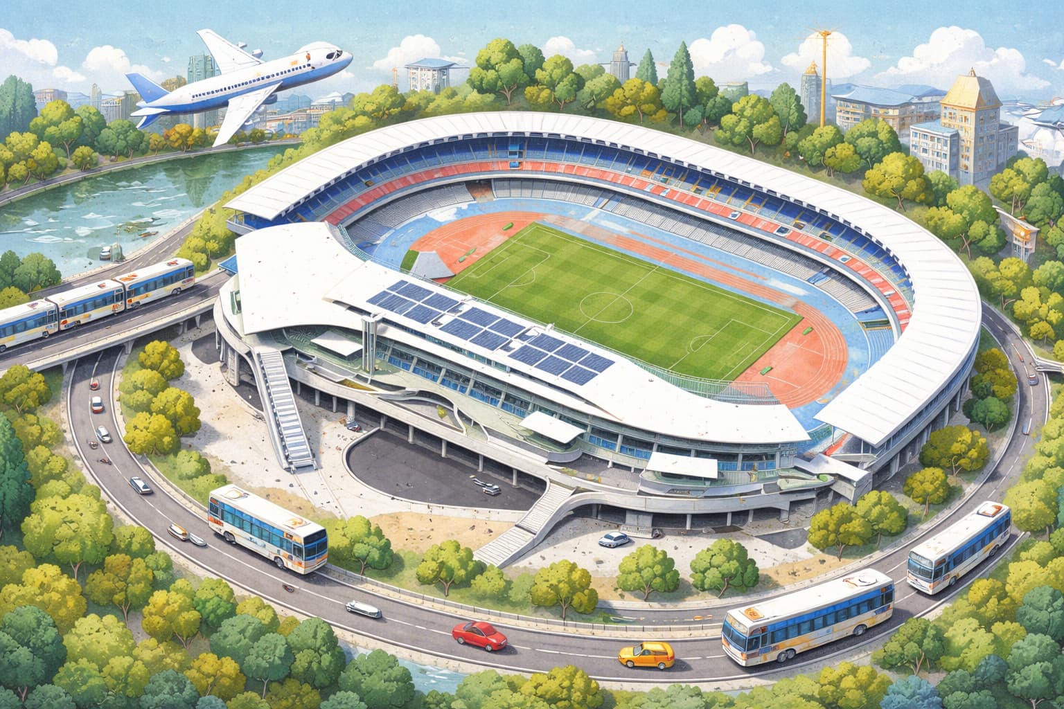 Uvanceとどろきスタジアム by Fujitsuのアクセスをイメージしたペーパーアート風俯瞰イラスト。電車・バス・車・飛行機でスタジアムへ向かうルートを表現