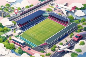 ヨドコウ桜スタジアムのアクセス方法（電車・バス・車・飛行機）をモチーフで表現したペーパーアート風イメージ。