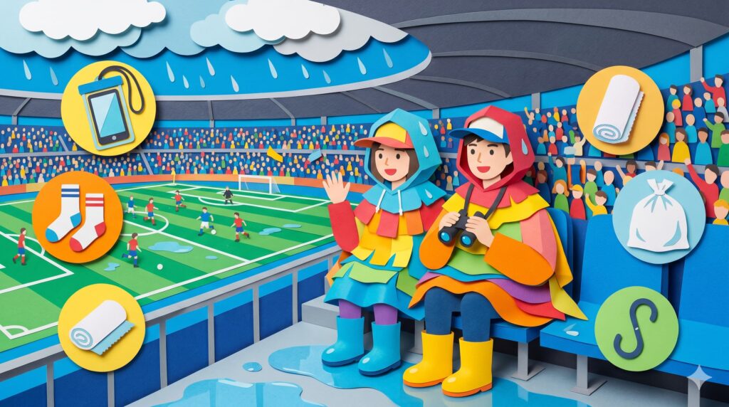 雨の日のサッカー観戦で絶対に濡れたくない方必見！年間20試合以上スタジアムに通う筆者が、必須の防水持ち物10選やポンチョの選び方、服装、スタジアムでの過ごし方を徹底解説。子連れや初心者でも安心の実体験に基づくノウハウが満載です。