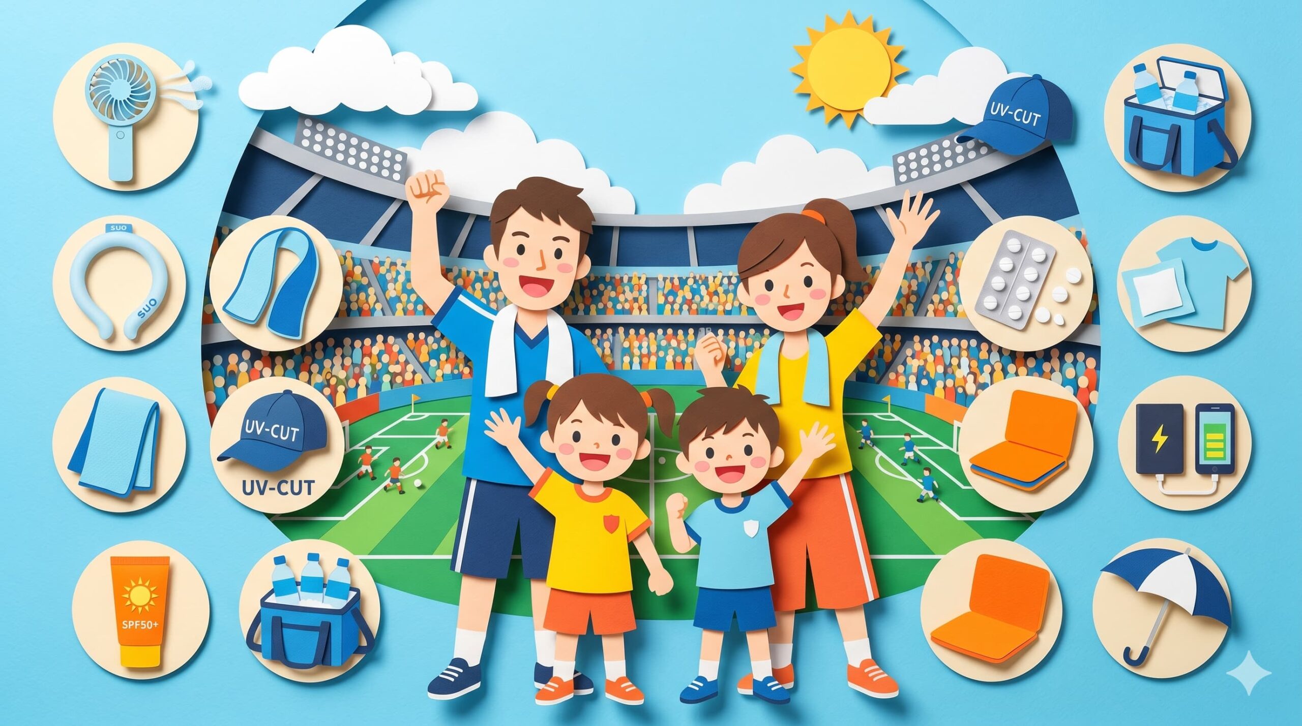 夏のサッカー観戦で熱中症を防ぐための必須持ち物11選！年間20試合以上スタジアムに通う筆者が、ハンディファンやアイスリングなどの冷却グッズ、日差し対策アイテム、子連れに最適な日陰の座席選び（メインスタンド）などを徹底解説します。