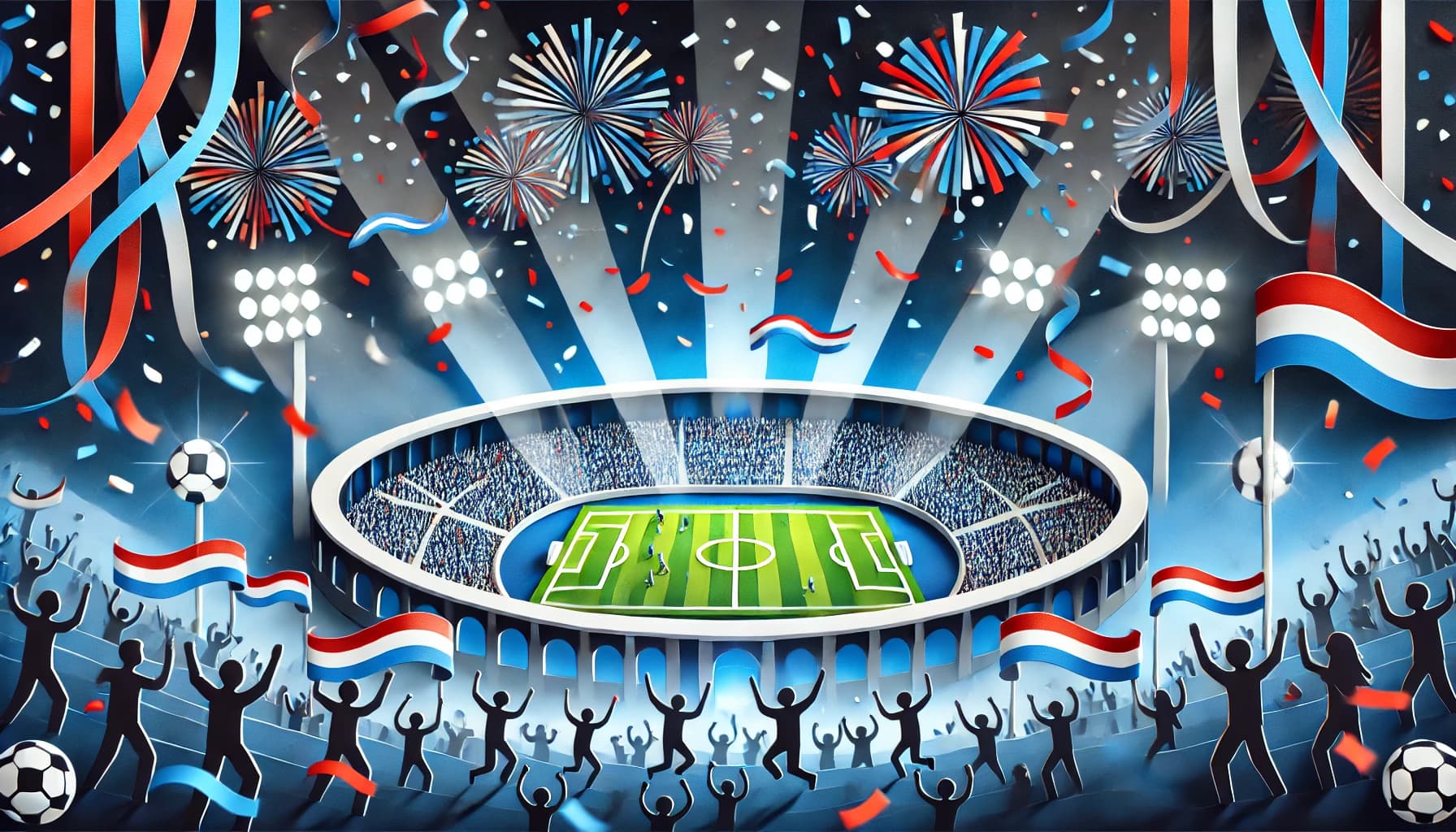 川崎フロンターレと横浜F・マリノスの神奈川ダービーをイメージした、紙アート風の夜のサッカースタジアム