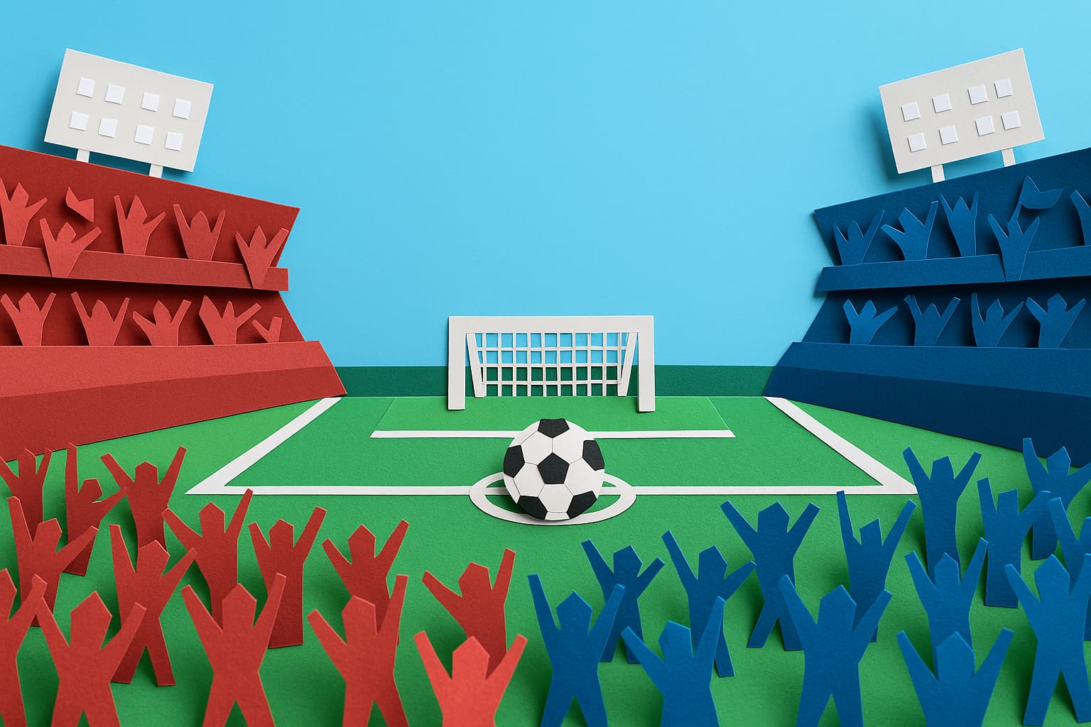 赤と青の折り紙で作られたスタジアムで観客が応援するサッカー観戦のペーパーアート