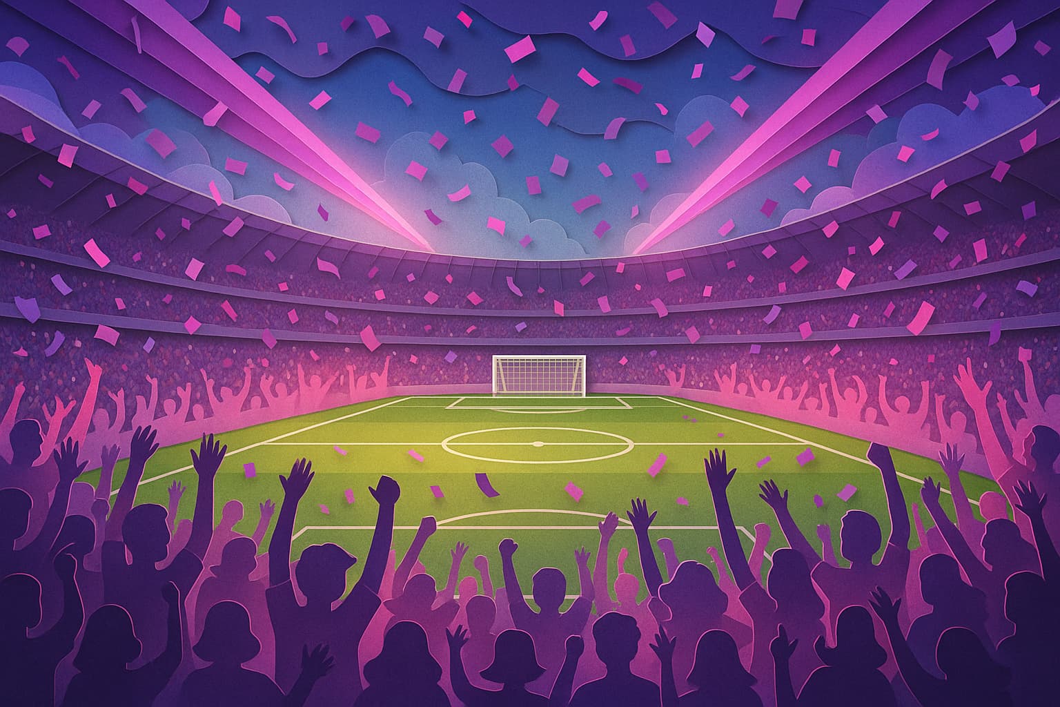 関西ダービーの京都vsC大阪を描いた、紫色とピンク色のレーザーと紙吹雪が舞うサッカースタジアムのペーパーアート風イメージ