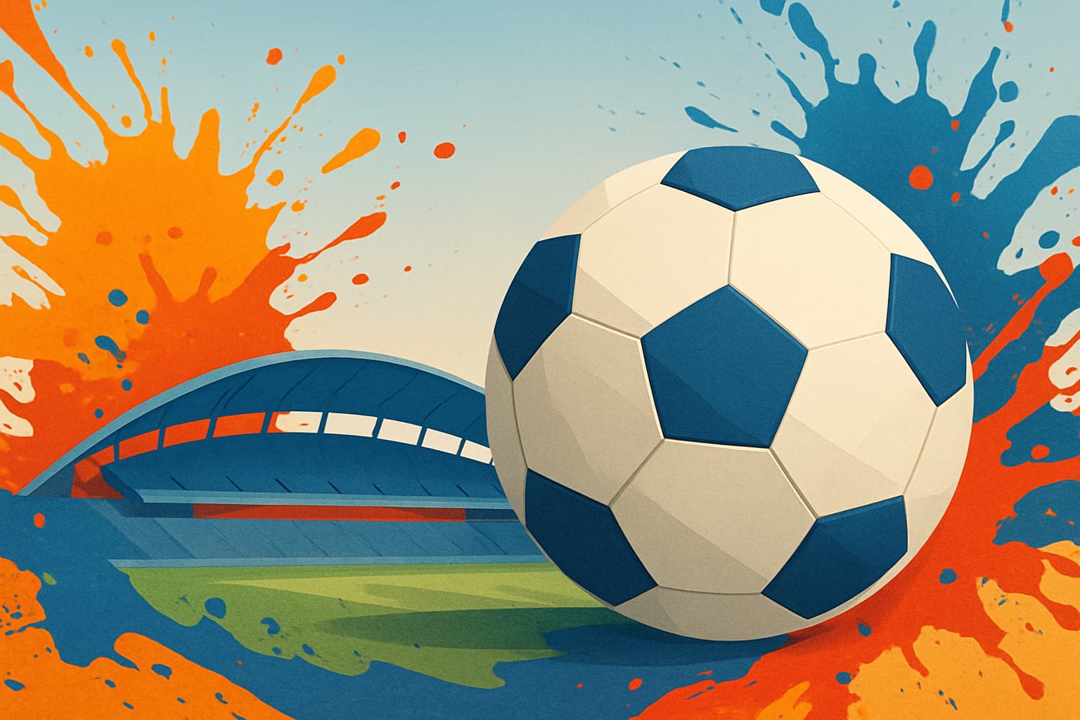 オレンジ色と青・赤色の絵の具が飛び散る中、幾何学的なサッカーボールとスタジアムが描かれた昼間のサッカー観戦シーンのペーパーアート風イラスト