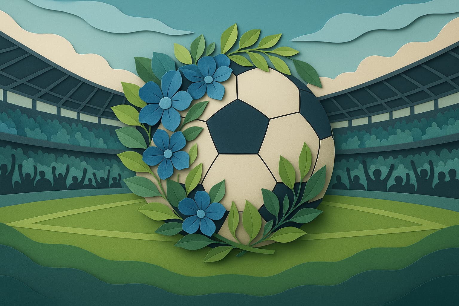 紺色と薄い緑色の花と葉で飾られたサッカーボールがスタジアムの芝生上に置かれ、背景には昼のサッカー観戦で盛り上がる観客が見えるペーパーアート風のイラスト