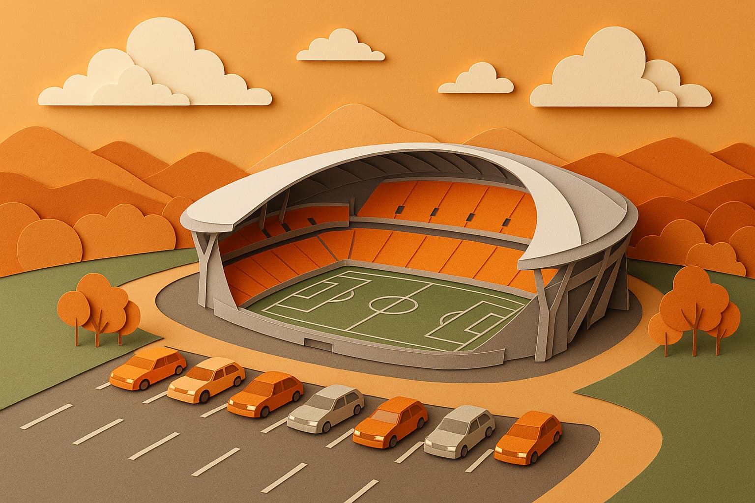 豊田スタジアムと駐車場のペーパーアート風イラスト。濃いオレンジの観客席と整備された駐車場が描かれたサッカー専用スタジアム。