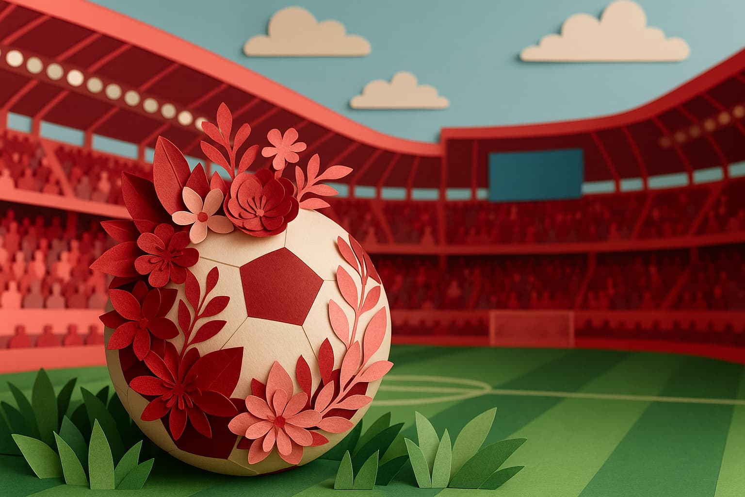 紙で作られたクリムゾンレッドとピンク色の花で彩られたサッカーボールとスタジアムの昼間の風景