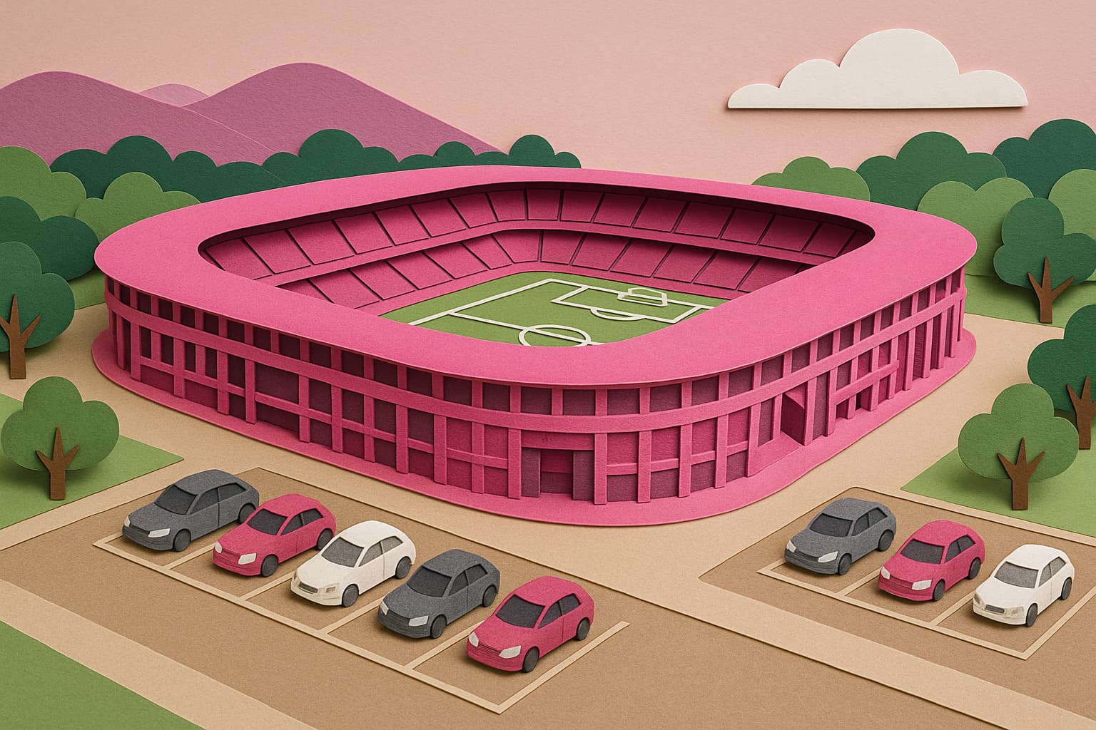 ヨドコウ桜スタジアムをイメージしたピンク色のサッカー専用スタジアムと駐車場を描いたペーパーアート風イラスト