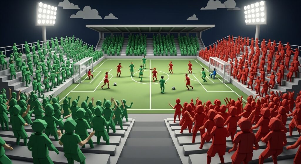 東京ヴェルディと浦和レッズの選手が味の素スタジアムで激しく競り合うシーン