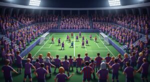 明治安田J1第34節サンフレッチェ広島対FC東京の試合を前に、Eピースウイング広島が紫と青赤で染まる熱気あふれるスタンドの様子