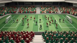 味の素スタジアムで行われる東京ヴェルディ対鹿島アントラーズ戦でスタンドが緑と深紅のサポーターで埋まりキックオフを待つシーン