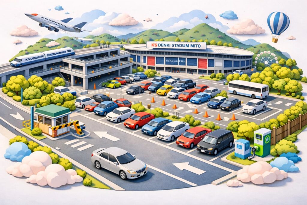 ケーズデンキスタジアム水戸の駐車場情報を整理し、併設・臨時・予約駐車場や混雑対策までわかりやすく紹介