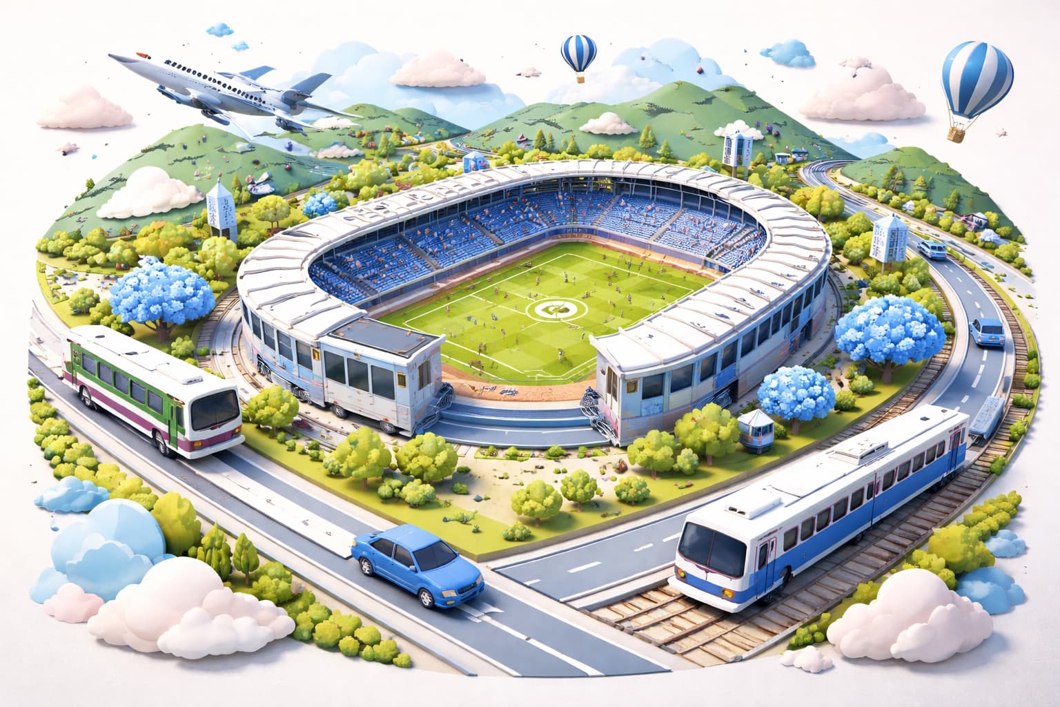 ケーズデンキスタジアム水戸へのアクセスをイメージしたペーパーアート風イラスト