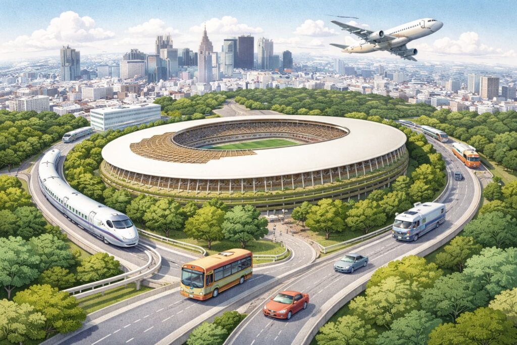 MUFGスタジアム（MUFG国立・国立競技場）へのアクセスを電車・バス・車・飛行機で表現したペーパーアート風イメージ