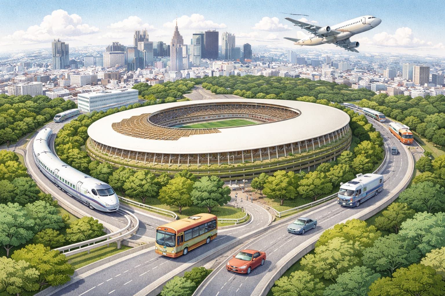 MUFGスタジアム（MUFG国立・国立競技場）へのアクセスを電車・バス・車・飛行機で表現したペーパーアート風イメージ