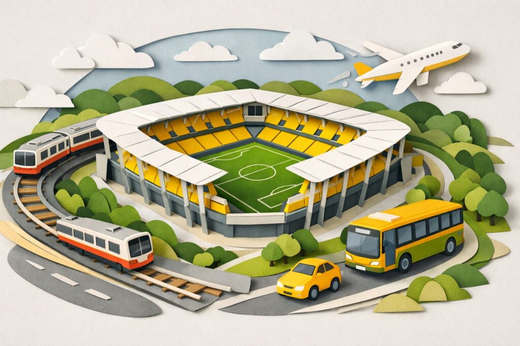 フクダ電子アリーナへのアクセスを表現したペーパーアート。黄色基調のサッカー専用スタジアムを中心に、電車・バス・車・飛行機のモチーフで行き方をイメージ化。
