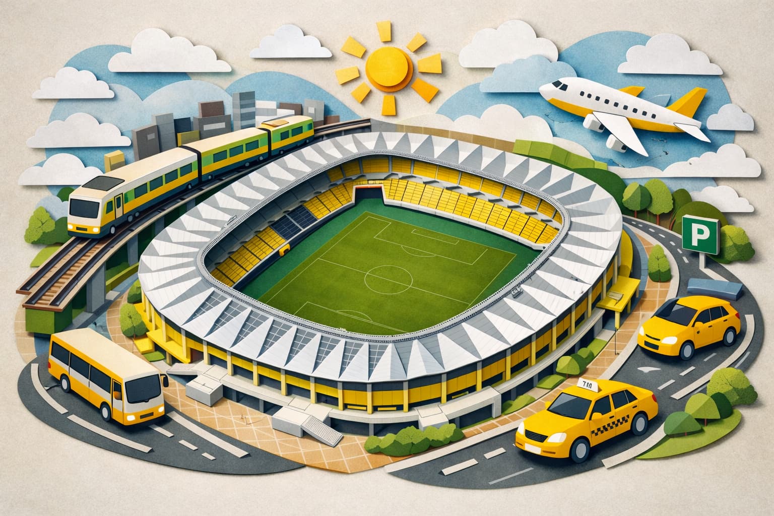 フクダ電子アリーナへのアクセスをイメージしたペーパーアート風イラスト。黄色を基調にしたサッカー専用スタジアムの周囲に電車・バス・車・飛行機のモチーフを配置し、行き方の選択肢を表現。