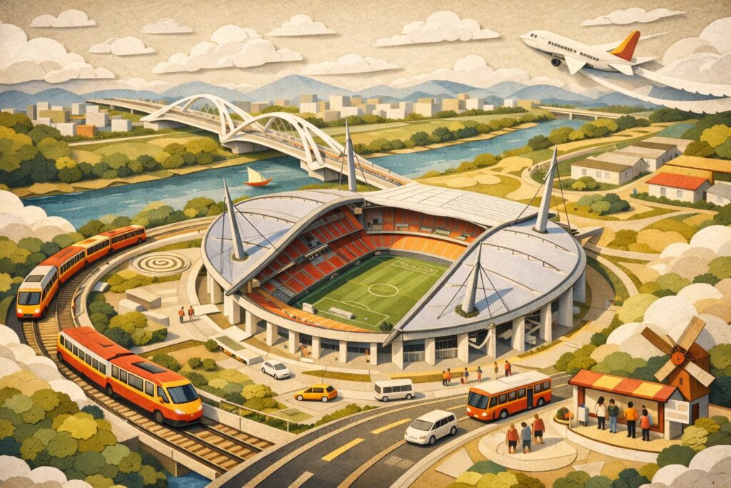 豊田スタジアム アクセスを紙の切り絵風で表現したイメージ。スタジアム周辺に電車・バス・車・飛行機のモチーフを配置し、主要駅や最寄りからの行き方を連想できる構図。