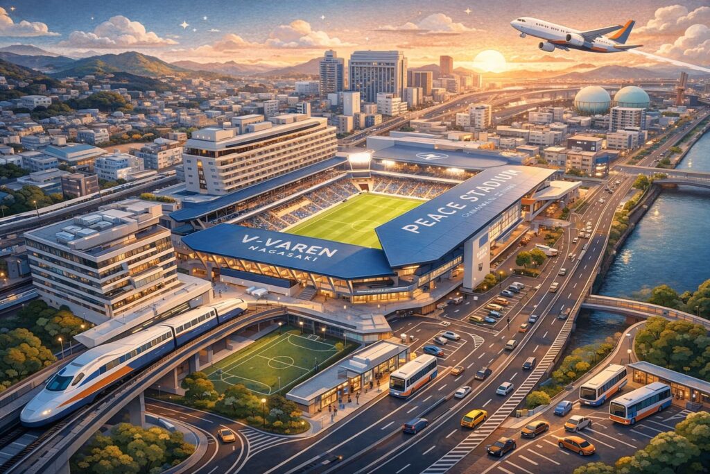 トランスコスモススタジアム長崎のアクセスをイメージしたペーパーアート。サッカー専用スタジアムを中心に、電車・バス・車・飛行機のモチーフを配置し、諫早駅や長崎空港などからの移動イメージと所要時間・料金比較の導線を直感的に表現