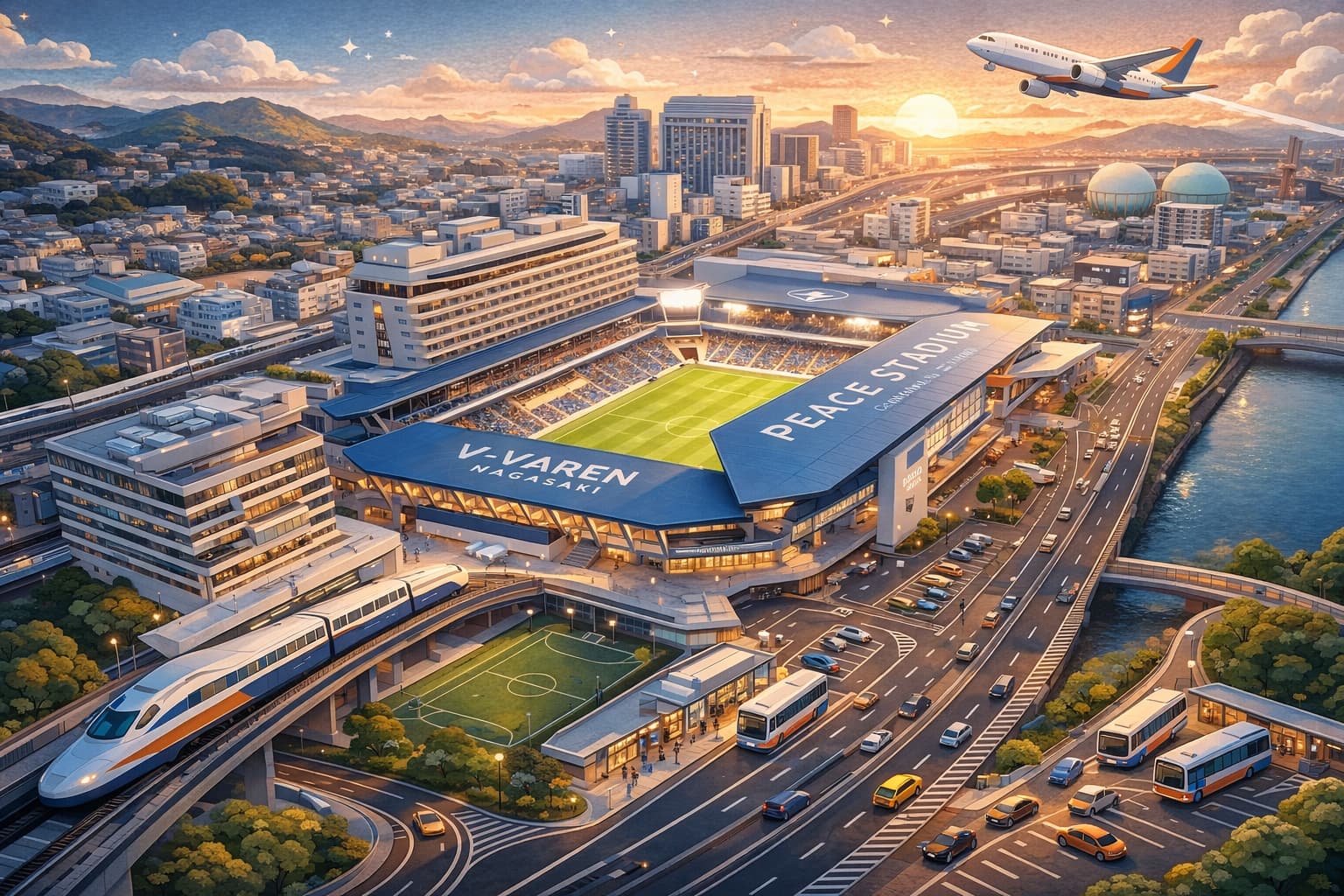 トランスコスモススタジアム長崎のアクセスをイメージしたペーパーアート。サッカー専用スタジアムを中心に、電車・バス・車・飛行機のモチーフを配置し、諫早駅や長崎空港などからの移動イメージと所要時間・料金比較の導線を直感的に表現