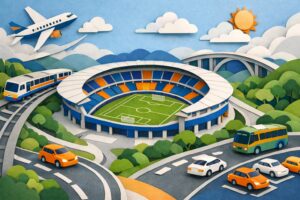 トランスコスモススタジアム長崎へのアクセスを表現したペーパーアートで、サッカー専用スタジアムの周囲に電車・バス・車・飛行機のモチーフを配置し、所要時間や料金比較のイメージを伝える