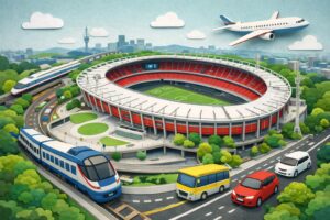 パロマ瑞穂スタジアムへのアクセスをイメージ。電車、バス、車、飛行機が集まる交通動線とスタジアム外観を表現したブログ用イメージ画像